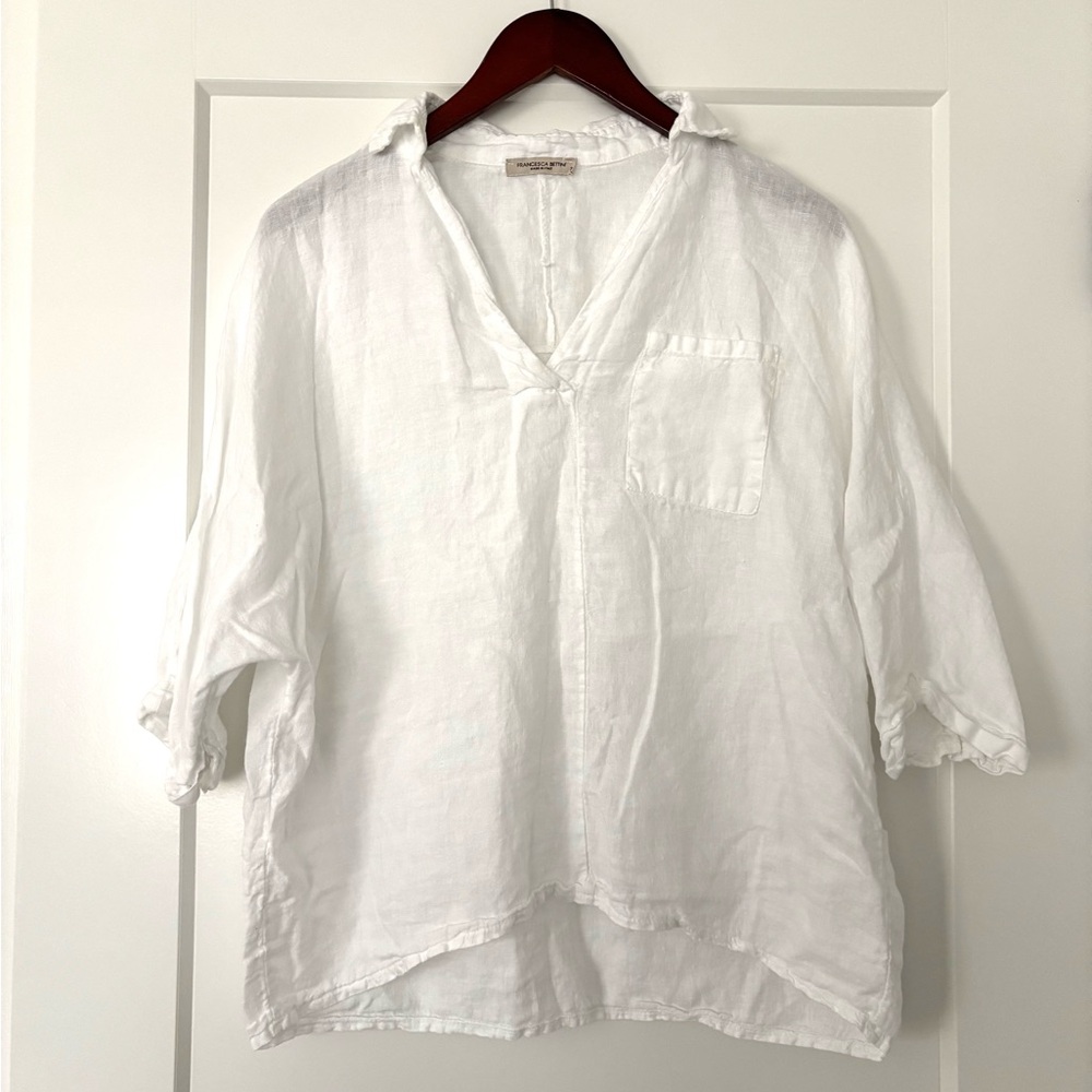 Francesca Bettini 100% Linen White V-Neck Relaxed Women's Top